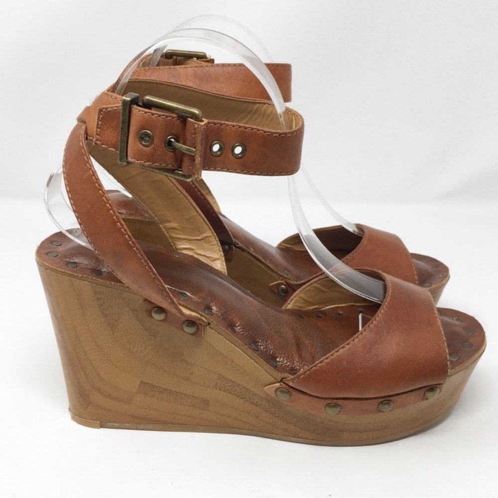 Brown leather wedge sandals